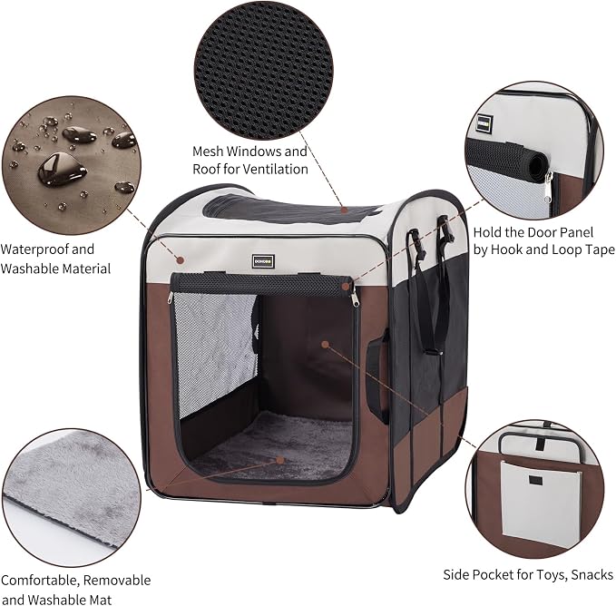 Dog Kennels and Crates for Medium Dogs, Portable Pop Up Indoor Pet Cage with Sturdy Wire Frame, Collapsible Travel Crate Soft Sided Cat Bag Escape Proof (Brown, 32.0" L x 21.0" W x 26.0" H)