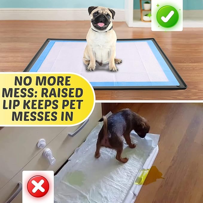 Dog Pee Pad Holder Tray Fits for 28” x 23” Pee Pads - 2 Pack - Grey | Corner Lock Holes, Raised Edges, Non-Spill, Easy to Clean Silicone Dog Potty Tray Holder, For Indoor Floor Protection