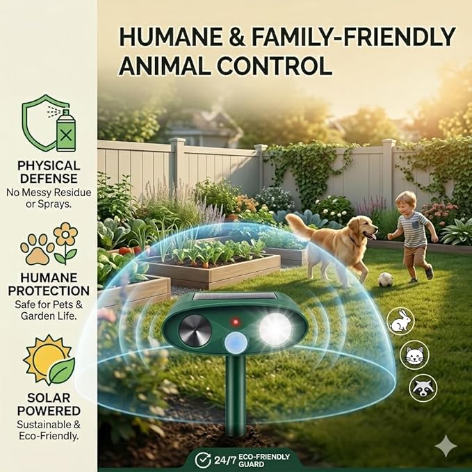 4Pack Sonic Fortress Pro Deer Repellent Devices Squirrel Rabbit Cat Raccoon Fox Deterrent Solar Ultrasonic Animal Repellent Outdoor with Motion Activated Strobe Light for Yard Lawn Garden Protection