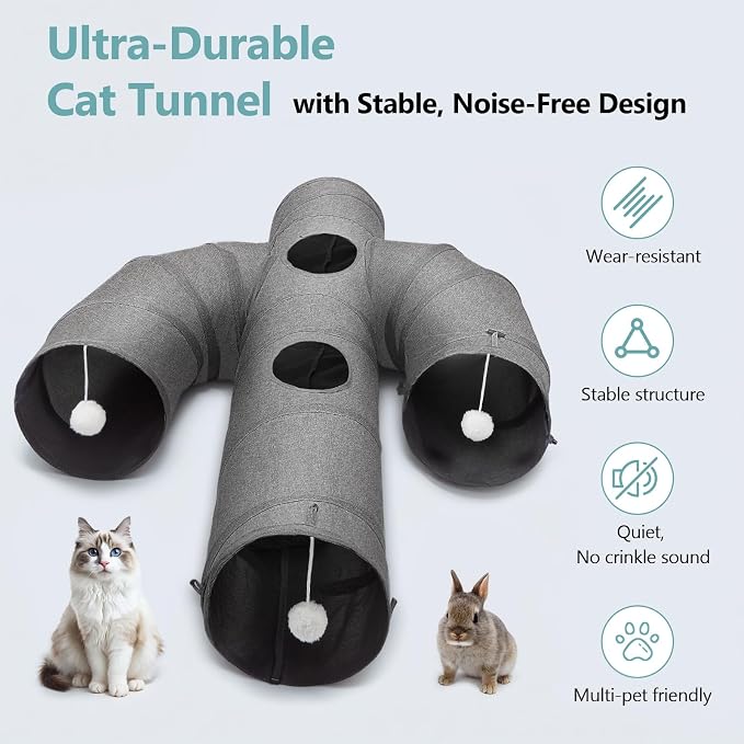Ownpets Cactus Cat Tunnel 12" with Peek Holes for Indoor Large Cat, Grey | Durable Oxford fabric, noise-free, foldable & connectable, multi-cat friendly, tube for cats up to 20lb, includes ball & wand
