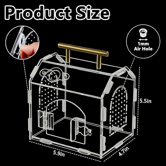 5.9" x 4.7" x 5.5" Acrylic Jumping Spider & Tarantula Enclosure – Transparent Insect Terrarium with Handle & Magnetic Door for Reptiles, Amphibians & Spiders