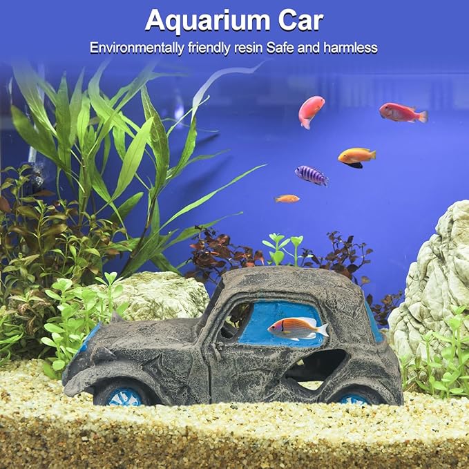 Virekm Aquarium Decorations, Aquarium Decorations for Fish Tank - Realistic Resin Rock Cave Hideouts, Safe Fish Tank Ornaments with Natural Design for Betta, Goldfish, Shrimp - Easy to Clean (car)