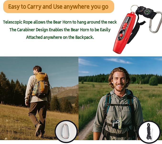 Rechargeable Bear Horn to Scare Bears, 125dB Electronic Air Horn with LED Flashlight & Compass & Thermometer, Electronic Whistle Bear Bells for Safety Hiking Camping Emergency Self Defense