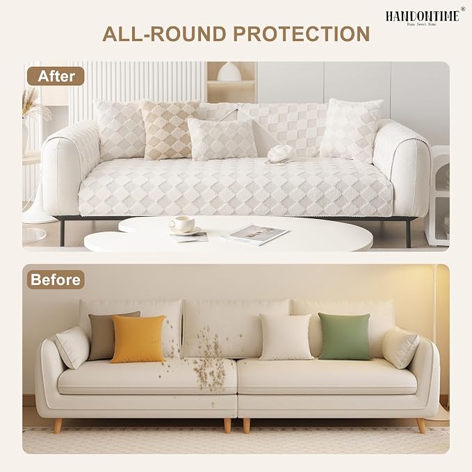 HANDONTIME Non-Slip Pet Couch Cover Washable, Plush Faux Fur Couch Protector for Cushion Pet-Friendly Sofa Covers for Dogs, Checkered Diamond Sectional Covers Dog Mat for Sofa (Ivory, 35.6" x 82.7")
