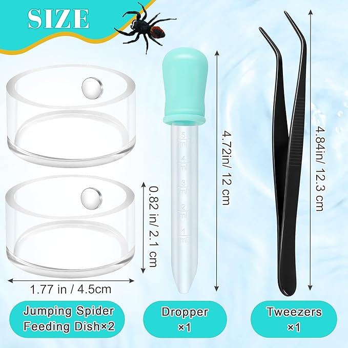 2+2 PCS Jumping Spider Magnetic Feeding Dish with Dropper & Tweezer, Magnetic Water Bowl, Reptile Feeding Tongs, Tiny Food Dishes Water Dish for Jumping Spider, Tarantula&Other Small Pets-Coldairsoap