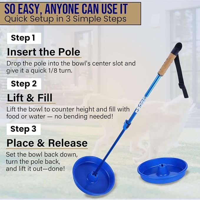 UpBowl™ No Bend Pet Bowl Kit – Pole & 2 Bowls | Easy Lift, Fill & Place Dog or Cat Bowls Without Bending