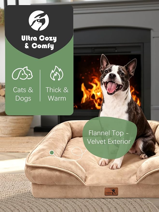Spotted Play Orthopedic Dog Bed with Sides - Sofa Beds for Small Dogs, Supportive Foam Pet Couch Bed with Washable Removable Cover, Waterproof Lining and Non-Slip Bottom, Brown - S