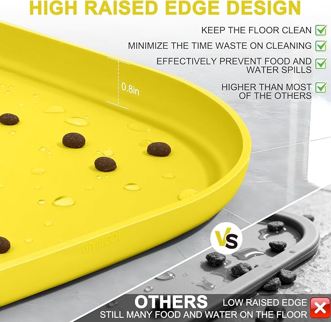 SMILOOL Waterproof Silicone Pet Food Mat with Raised Edge for Dog & Cat | 24" x 16" Non-Slip Pet Feeding Mats with Lip for Food & Water Bowl, Food Grade, Easy Cleaning, Light Yellow