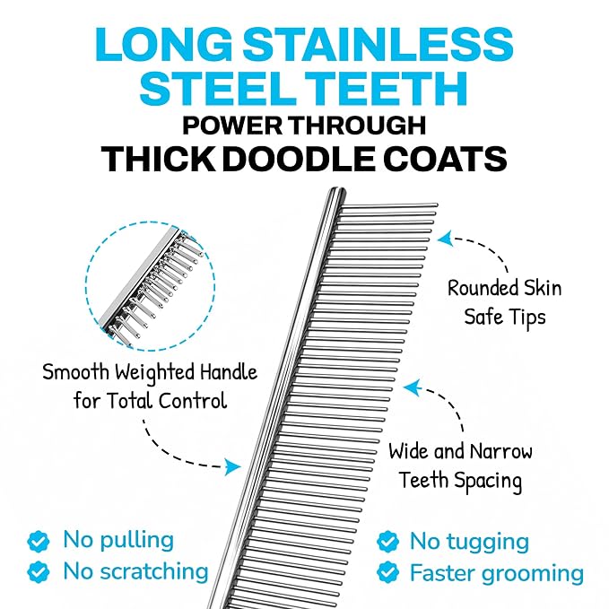 The Doodle Brush Dog Grooming Kit Slicker Brush, Dog Comb Set, Detangler | Extra Long Pins Brushes, Removes Mats, Curly Coats, Stainless Steel Combs, Ergonomic Handle, Gentle Care, Dematting Tools