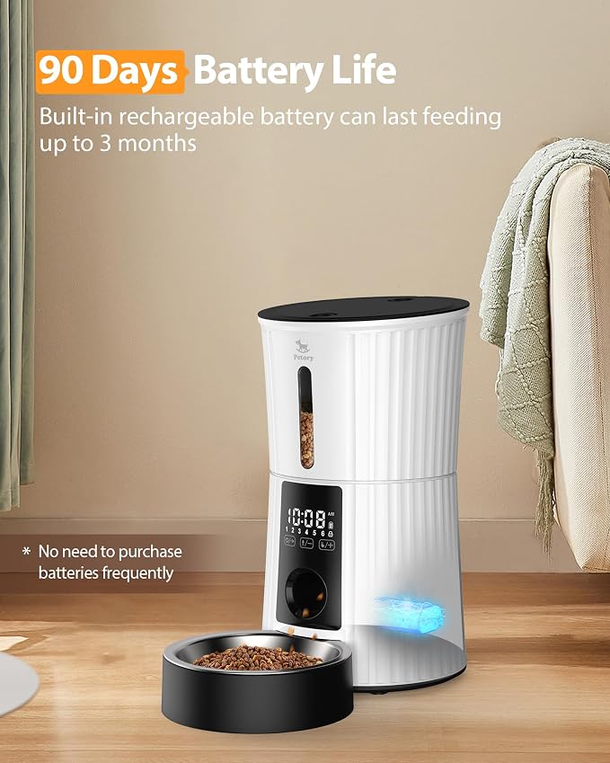 Automatic Cat Feeder - Rechargeable Food Dispenser for Cats and Dogs | Battery Powered, 4L, Programmable Portion Control, Up to 6 Meals Daily, 10-Second Voice Recorder, Timed Cat Feeder