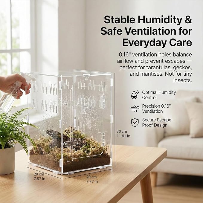 Tarantula Enclosure 8x8x12 Acrylic Terrarium: Front Opening Jumping Spider Enclosure with Door Lock for Crested Gecko Hermit Crab - All-Side Ventilation Arboreal Frog Habitat Gift for Reptile Hobbyist