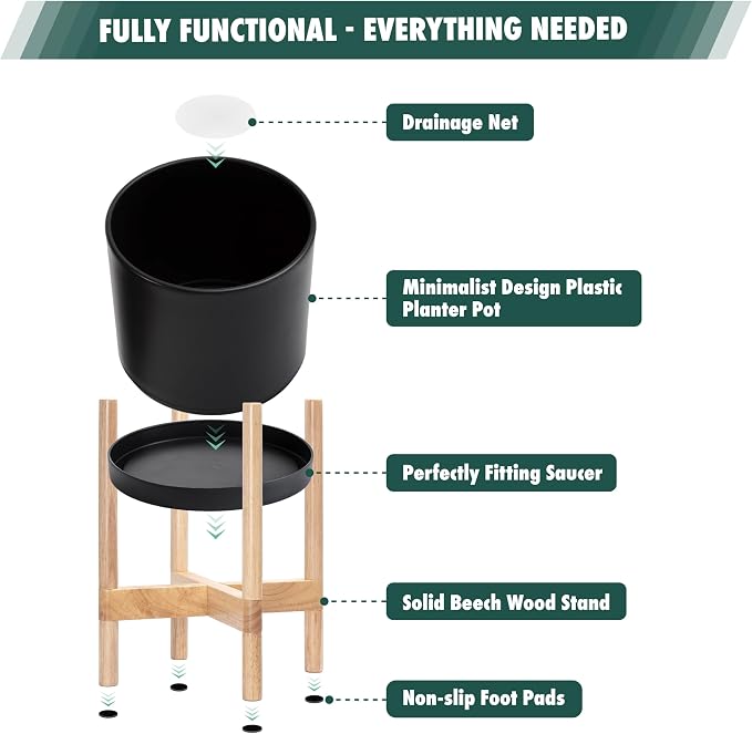 D'vine Dev Plastic Pot with Natural Wood Stand, Black, 16 in, 55-C-Y-2 | Mid-Century Inspired Design, Elevated Plant Display, Clean Lines, Sturdy Support, Modern Space-Saving Style