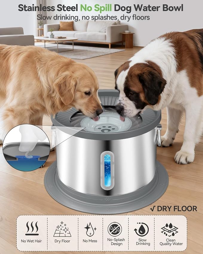 UPSKY 14L No Spill Dog Water Bowl, Spill Proof Slow Drinking for Large Dogs | Extra-large Capacity, 304 Stainless Steel, Dual-suction Anti-slip Base, Floating Disk, Water Window, For Messy Drinkers, Grey
