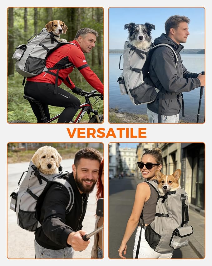 Waterproof Dog Backpack Carrier for Medium Dogs Under 30 lb, Grey | 4-Layer Protection, Adjustable Dog Hiking Backpack with Storage Pockets, Reflective Strips, Non-Slip Handle for Travel