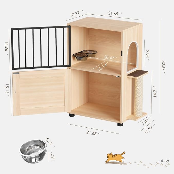 Dog Proof Cat Feeding Station, Dog Proof Cat Feeder, Cat Food Table,Nature | Cat Feeding Station with Scratching Post, Elevated Cat Food Bowls with Stand, Pet Food Storage Cabinet, Cat House Furniture