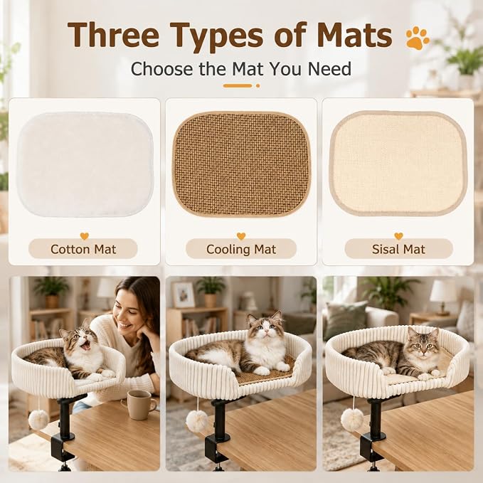 Cat Desk Bed with 3 Mats for All Seasons, 360° Rotating Adjustable | Clamp-On Desk Cat Bed with Reversible Plush Cushion, Sisal Scratch Mat, Cooling Mat & Hanging Ball, Supports 50 lbs, White