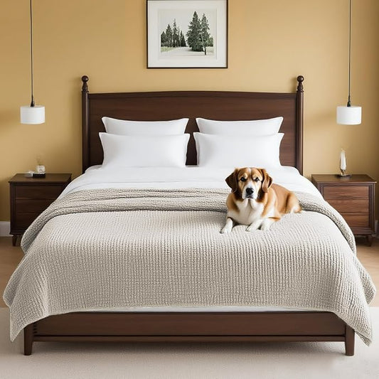 H.VERSAILTEX Plush Chenille Couch Cover for Dogs Pets Blanket for Bed Anti-Slip Soft and Durable Furniture Protector for Small Medium Large Cats Washable (52" x 82", Oatmeal)