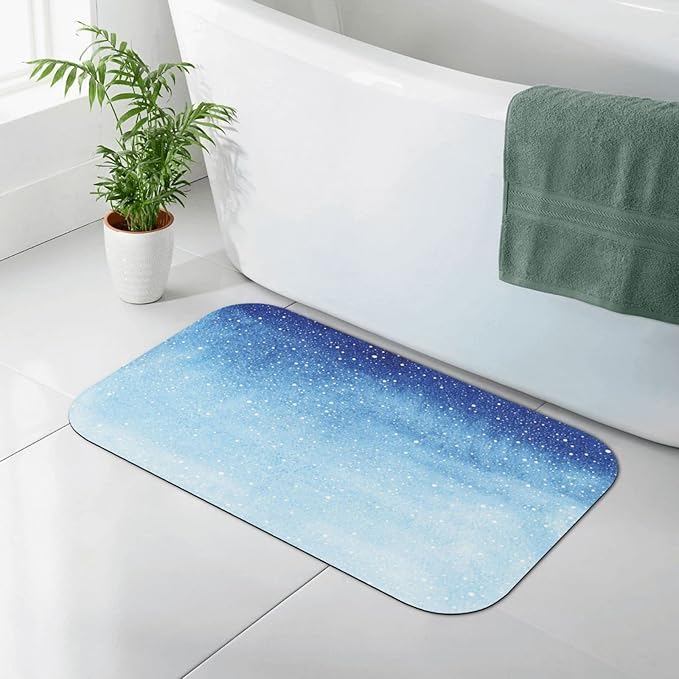 Door Mat, Winter Quick Dry Bath Mat, Christmas Falling Snow Splashes Stains of Watercolor, 31.4" W x 19.6" L, Multi-Purpose Rubber Floor Mat,Blue