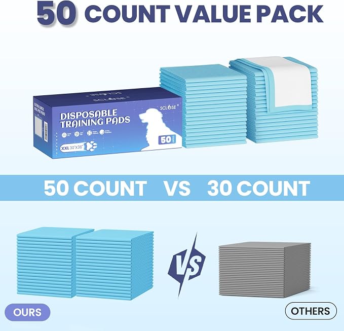 SCLOSE Puppy Pads XXL 50 Count 30"x36" Dog Pee Pads Extra Large Wee Wee Pad | Potty Pads Great Value 7-Layers Super Absorbent Leak-Proof Disposable Training Pads for Puppies Doggie Pads Housebreaking