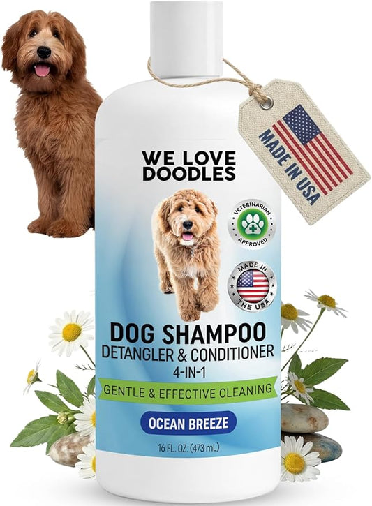 Dog Shampoo, Conditioner & Detangler-Best Shampoo for Goldendoodles, Poodles & Doodles Pet Hair -Hypoallergenic, Tearless, Sensitive Skin for Puppies & All Dog Breeds -Made in USA,16OZ (Ocean Breeze)