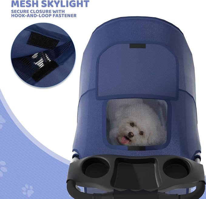 Magshion 3-Wheel Pet Stroller for Small/Medium Dogs Cats, Up to 33lbs, Navy | Foldable Travel Jogger w/ Breathable Mesh Cover, Lightweight Design, Safety Tethers, Cup Holder & Storage Basket