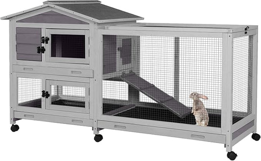 Large Rabbit Hutch Indoor Outdoor, Wooden Rabbit Cage with Wheels, 62'' Mobile Bunny Cage with Chew-Proof Ramp, Pull-Out Tray, Waterproof Roof, Guinea Pig Habitat (Grey)