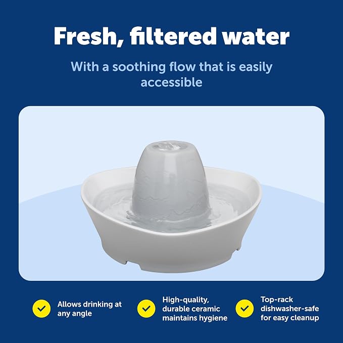 PetSafe Ceramic Pet Fountain – for Cats and Small Dogs – 60 Oz Water Capacity – Whisper-Quiet Water Flow – Great for Shy or Timid Pets – Fresh, Filtered Water