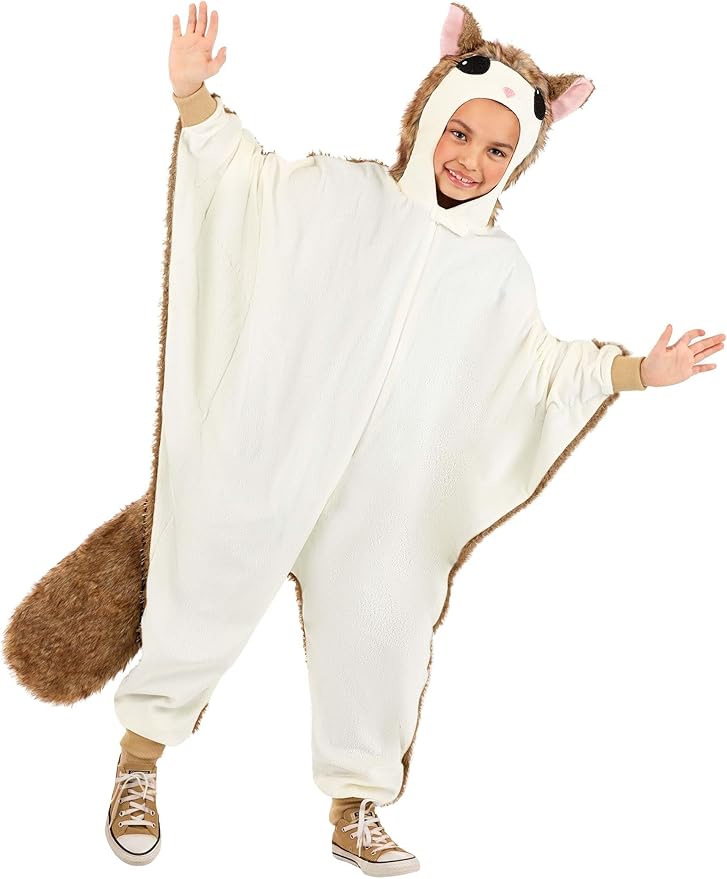 Kids Flying Squirrel Halloween Costume | Plush Sugar Glider Hooded Jumpsuit with Attached Wings for Dress-Up and Playtime