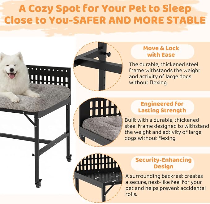 Beside Dog Bed,2 Panels Adjustable Height Dog Bunk Beds,41.3”x27.5” Metal Frame & Cushion, Converts to Bunk Bed or Bed Extension Attachment for Human Bed, for Large Dogs