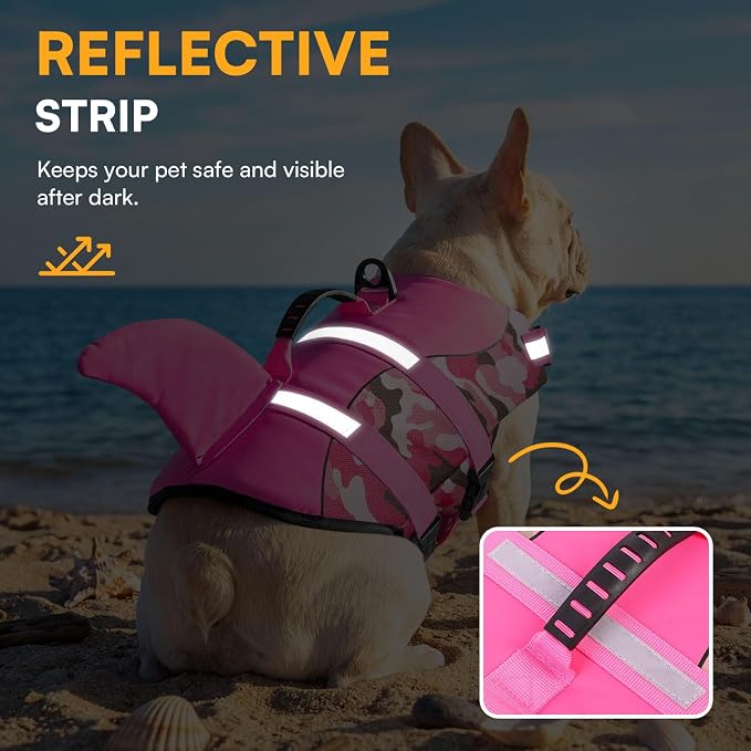 Dog Life Jacket Ripstop Dog Shark Safety Vest Adjustable Preserver with High Buoyancy and Durable Rescue Handle for Small,Medium,Large Dogs, Pink Camouflage XX-Large
