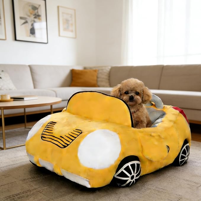 Sports Car Shaped Pet Dog Bed Fashionable Fancy Deluxe Cozy Warm Cute car Design Pet Bed 27"x20"x11" (Yellow)