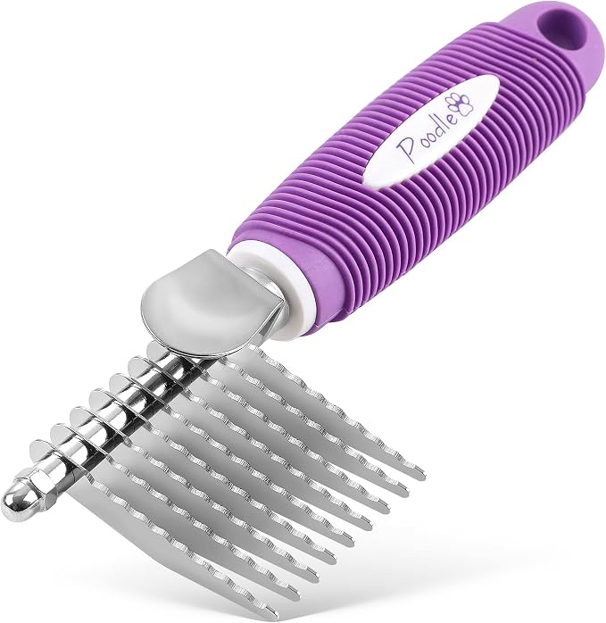 Poodle Pet Bundle - Detangling Pet Comb for Removing Matted Fur, Knots, and Tangles + Dematting Fur Rake Comb Brush for Dogs and Cats + Slicker Brush for Grooming and Deshedding Pet Undercoat Hair