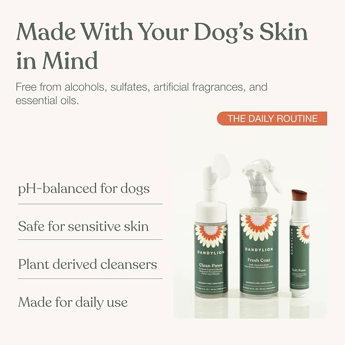 Dandylion Dog Grooming Kit, Paw Cleaner, Paw Balm & Waterless Dog Shampoo | No Rinse Dog Paw Washer, Brush On Paw Moisturizer, Dry Shampoo for Dogs, Fragrance Free, All Breeds and Coat, Sensitive Skin