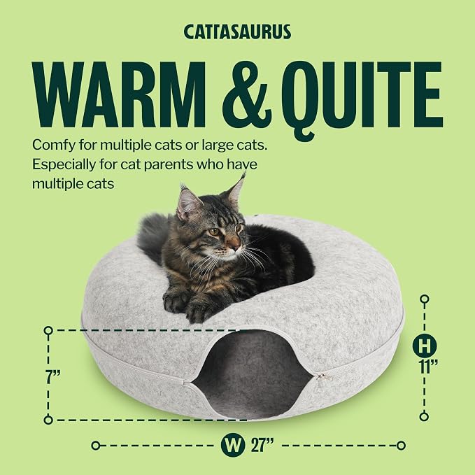 Peekaboo Cat Cave Donut for Multiple & Large Cats up to 30-45 lbs, 3-in-1 Self Warming Cat Bed, Tunnel & Scratcher for Indoor Cats, Washable & Detachable Small Dog Bed (Light Gray, Jumbo)