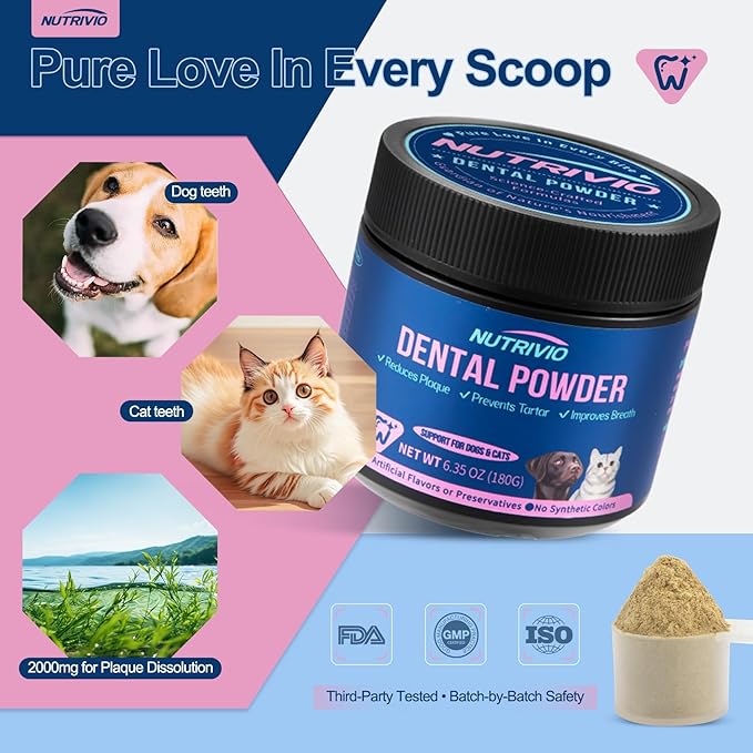 Cat Dog Dental Powder - Dog Teeth Cleaning Powder for Bad Breath Treatment, Plaque Off and Tartar Remover, Healthy Mouth for Dogs with Probiotics, Pet Dental Care - 6.35oz 180g