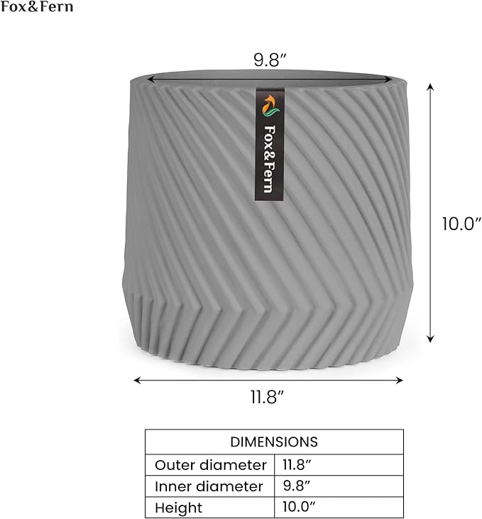 Fox & Fern Large Indoor Planter, Modern Large Plant Pot for Indoor or Outdoor, UV and Frost Resistant - 12 Inch, Matte Gray Flower Pot with Drainage Plug, 3D Printed Design