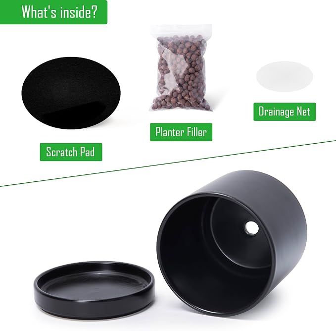 D'vine Dev 6.5 Inch Ceramic Planter Pot, Black, 94-O-C-2 | Modern Cylinder Design, Drainage Hole & Saucer Included, Stable Structure, Elegant Home Accent