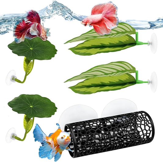 5PCS Betta Hammock & Fish Toys Set, Soft Aquarium Plants & Black Tunnel Hideout for Betta Fish Tank, Safe Decor with Suction Cups for Shrimp, SmallFish