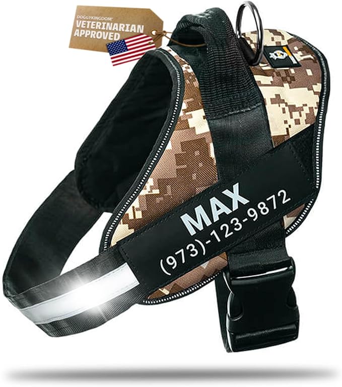 Personalized Dog Harness with Custom Name Patches, Adjustable Reflective No Choke Dog Vest with Handle for Medium Sized Dog, Military Desert, M
