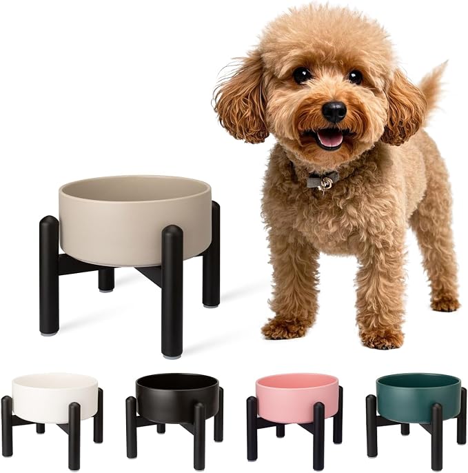 Raised Ceramic Dog Bowl Set with Stand, 2 Cups Elevated Dog Food Stand | 6.1'' Single Dog Food or Water Bowl Set, Non-Slip Dog Feeding Dishes for Small to Medium Breeds, 28.75 OZ, Grey