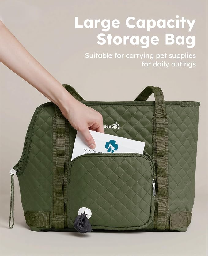 Pecute Dog Purse Carrier, Dog Carrier with Pockets for Small Dogs, Fits Dogs 5 lbs to 9 lbs, Cat and Puppies Tote Bag, Outing, Travel, Vet, Green | Breathable,Foldable,Large Pocket,Built-in safety Rope,Machine washable,Under 9 Lbs