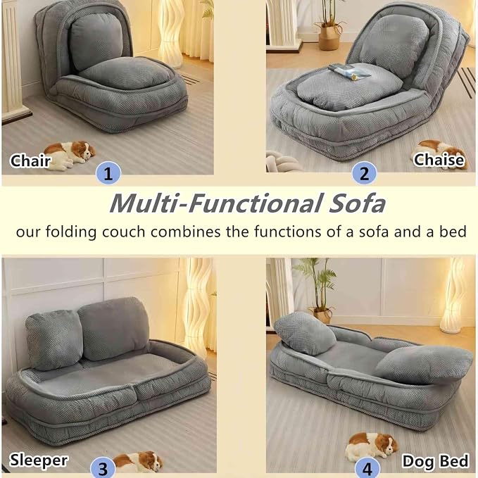 Foldable Lazy Sofa Bed with 5 Levels Adjustable Backrest, Gray | Comfy Upholstered Human Dog Bed for Adults and Pets, Lazy Floor Lounger with 2 Soft Cushions for Living Room Bedroom