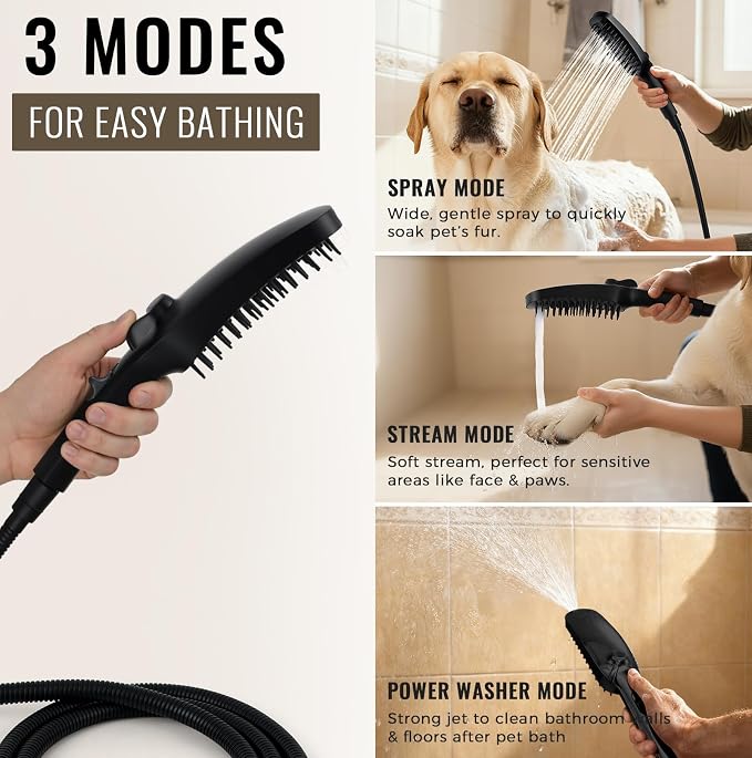 G-Promise 3 Mode Dog Shower Attachment with Pause Mode | High Pressure, Built-In Brush for Wash & Groom, Extra Long Hose, Easy Install, for Indoor & Outdoor Use