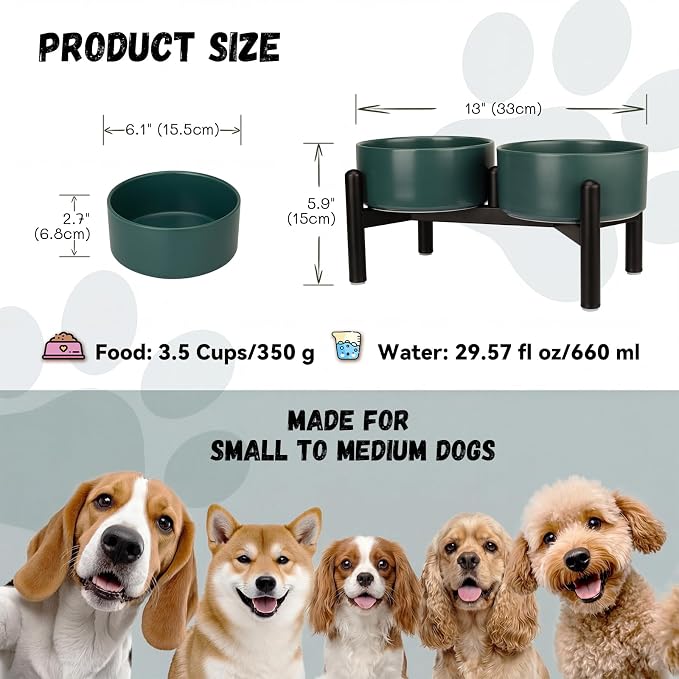 Raised Ceramic Dog Bowl Set with Stand, 3.5 Cups Elevated Dog Food Stand | 6.1'' Double Dog Food and Water Bowl Set, Non-Slip Dog Feeding Dishes for Small to Medium Breeds, 29.57 OZ, Green