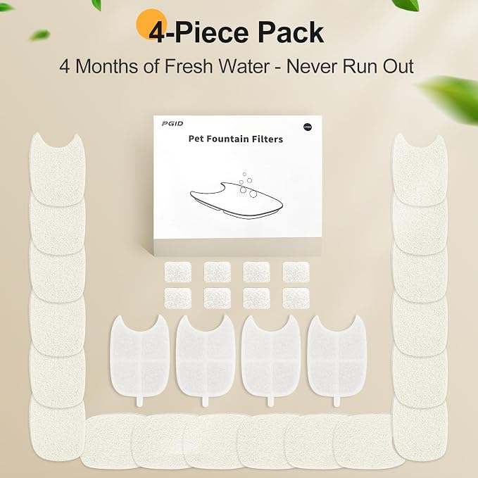Replacement Filters and 4 Packs Sponges for 152oz/4.5L PGID Cordless Cat Water Fountain（C004