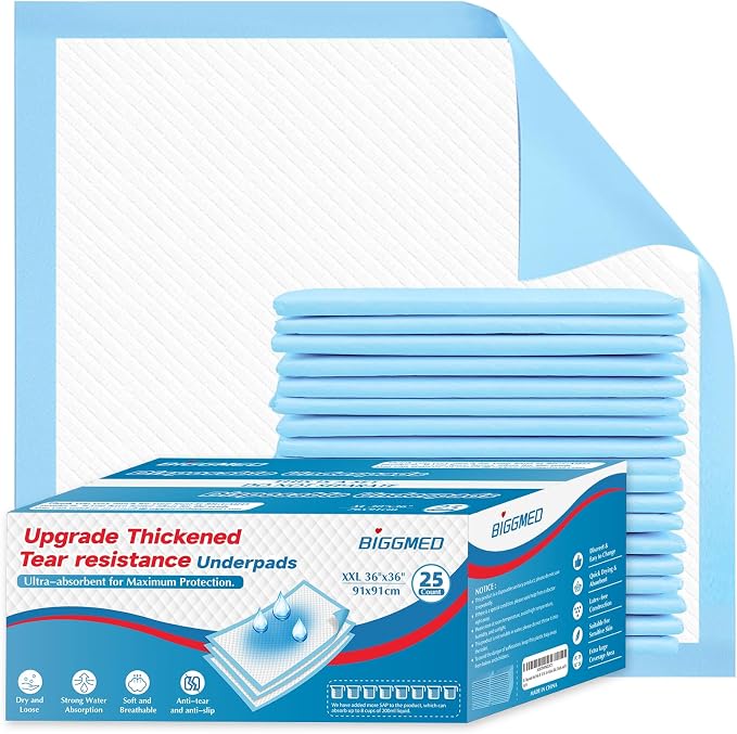 BIGGMED Tear-Resistant Disposable Bed Pads 36" x 36" 25 Count Super Absorbent Underpads, Chux Thicker Extra Large Incontinence Bed Pads, Pee Pads for Adults, Kids, Elderly, Pets