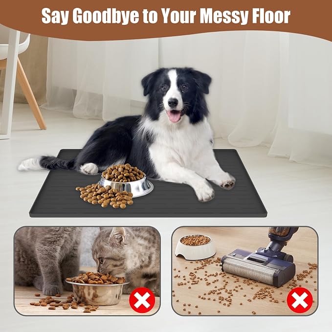 24"x16" Large Dog Food Mat, Silicone Dog and Cat Mats for Food and Water Bowls, Waterproof Raised Edge Pet Feeding Mat for Contain Spills Protects Floors, Multiple Colors & Sizes for Pets, Brown