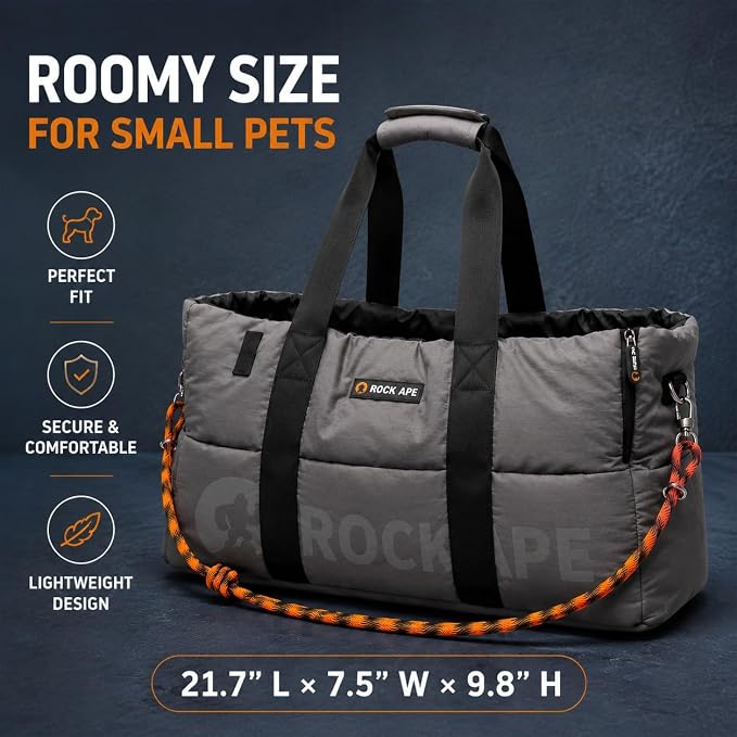 ROCK APE Water-Resistant Pet Carrier Tote, 280D Taslan Soft-Sided Travel Bag for Small Dogs & Cats, Lightweight Dog Purse with Padded Mat & Safety Leash (Grey)