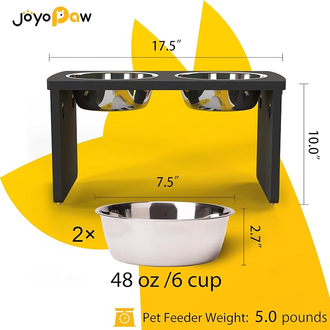Elevated Dog Bowls, Waterproof Raised Dog Bowl for Medium & Large Dogs, HIPS Poly Lumber Stand with 2 Stainless Steel Bowls, Indoor & Outdoor Use (10'' Tall–48 oz Bowl, Black)