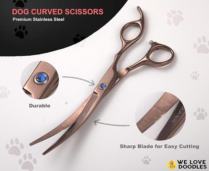 We Love Doodles Small Curved Slicker Brush and Grooming Scissors Kit Bundle - Soft Pin Goldendoodle Brush and Dog Grooming Scissors Kit - for Dematting & Shedding - Made in USA